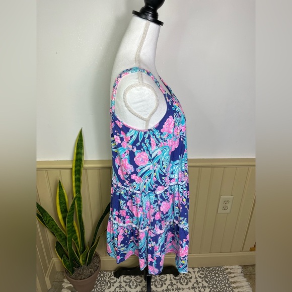 Lilly Pulitzer Floral Cotton Tiered Mini Dress S Bright Pink Blue Sundress - Picture 4 of 12